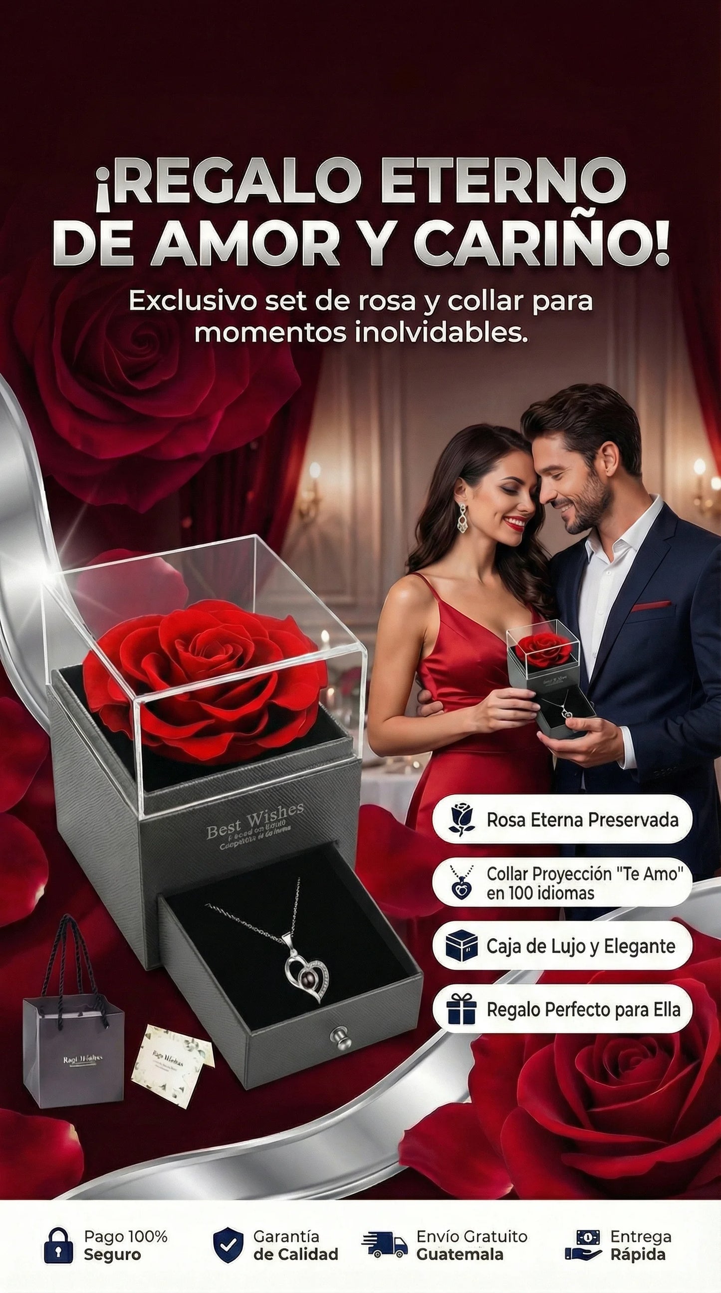 Rosa Eterna En Joyero Y Collar "Te Amo" en 100 Idiomas + Caja de Regalo